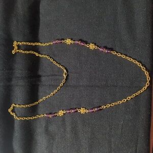 Vintage Avon Gold Tone Purple Crystal Beaded Chain Long Statement Necklace